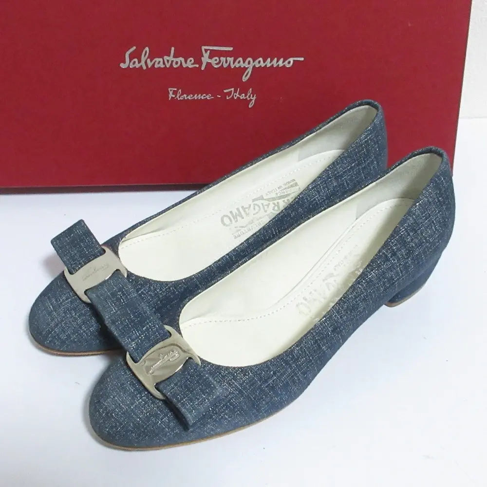 Salvatore Ferragamo サルヴァトーレフェラガモ デニム転写レザー ヴァラリボンパンプス 4D 21.5cm ブルー