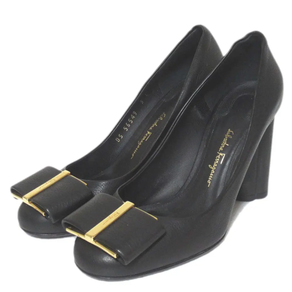 Salvatore Ferragamo サルヴァトーレフェラガモ レザー チャンキーヒール リボン パンプス サイズ5C 22.5cm相当 ブラック