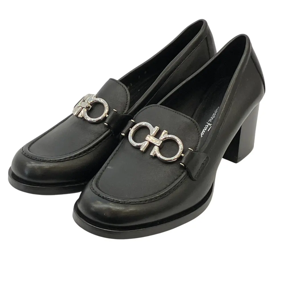 Salvatore Ferragamo サルヴァトーレフェラガモ ガンチーニ チャンキーヒール ローファー パンプス サイズ7D 24cm相当 ブラック