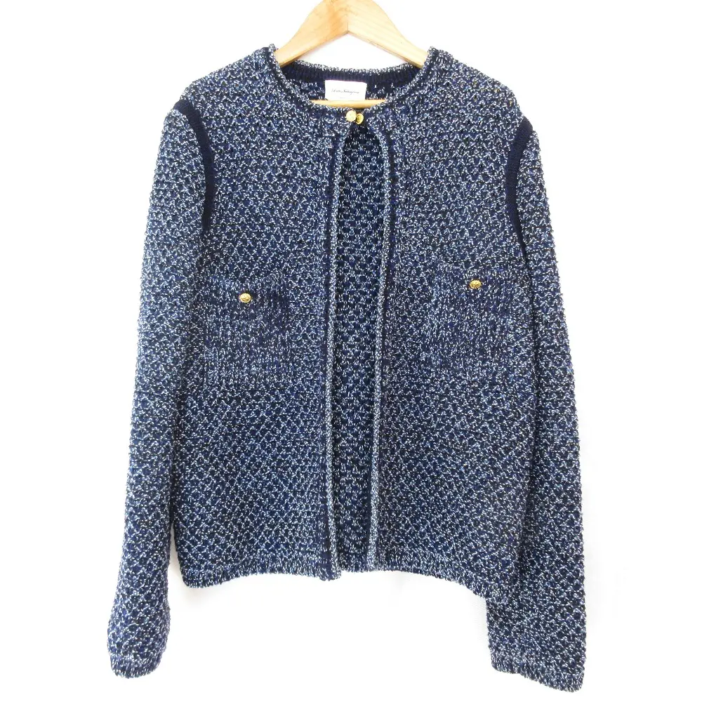 22AW Salvatore Ferragamo サルヴァトーレフェラガモ バスケットニット ノーカラージャケット Sサイズ ブルー