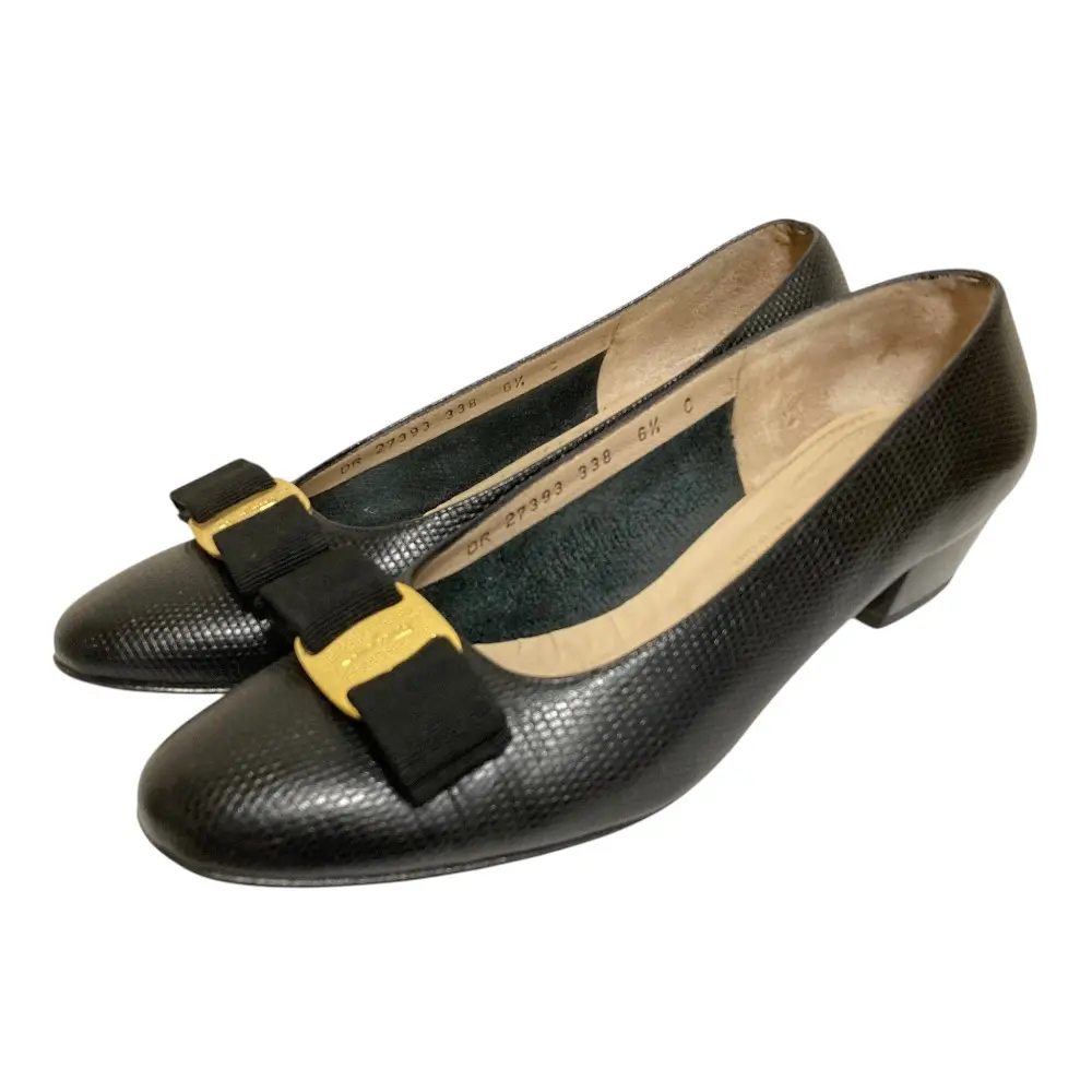 Salvatore Ferragamo サルヴァトーレフェラガモ ヴァラリボン リザード型押し パンプス サイズ6 1/2 24cm相当 ブラック