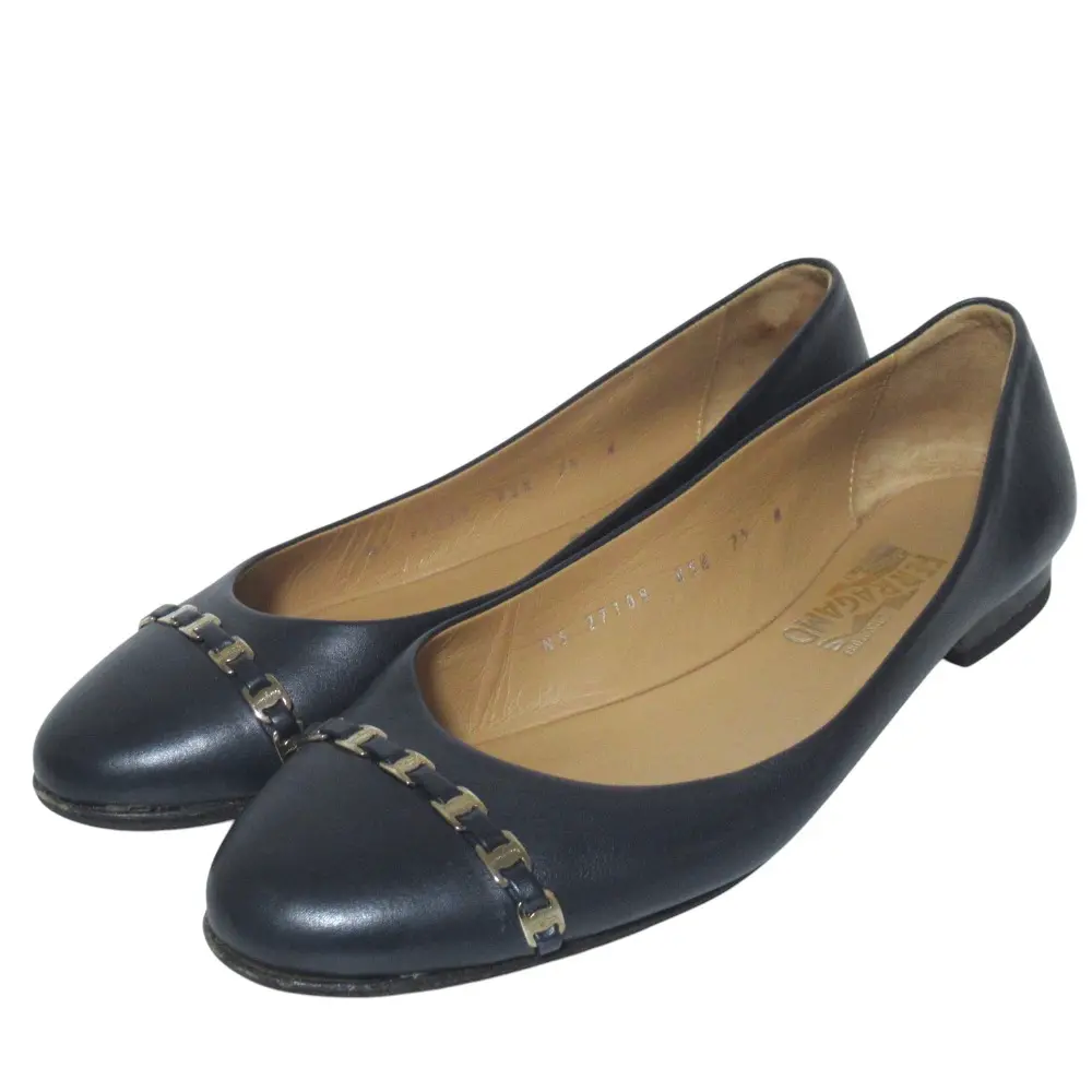 Salvatore Ferragamo サルヴァトーレフェラガモ ヴァラ金具 レザー フラットパンプス サイズ7.5M 25cm ダークネイビー