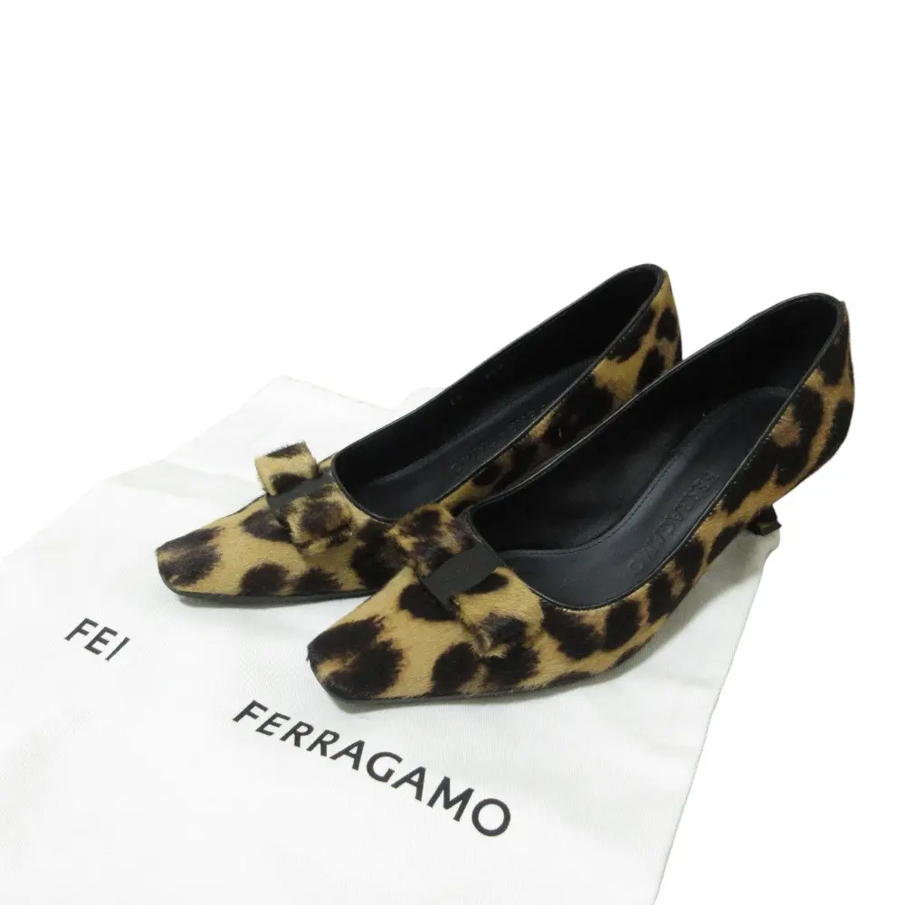 FERRAGAMO フェラガモ SIWAR 60 レオパード ハラコ ヴァラリボン スクエアトゥ パンプス 5.5D 約23cm ベージュ ブラウン