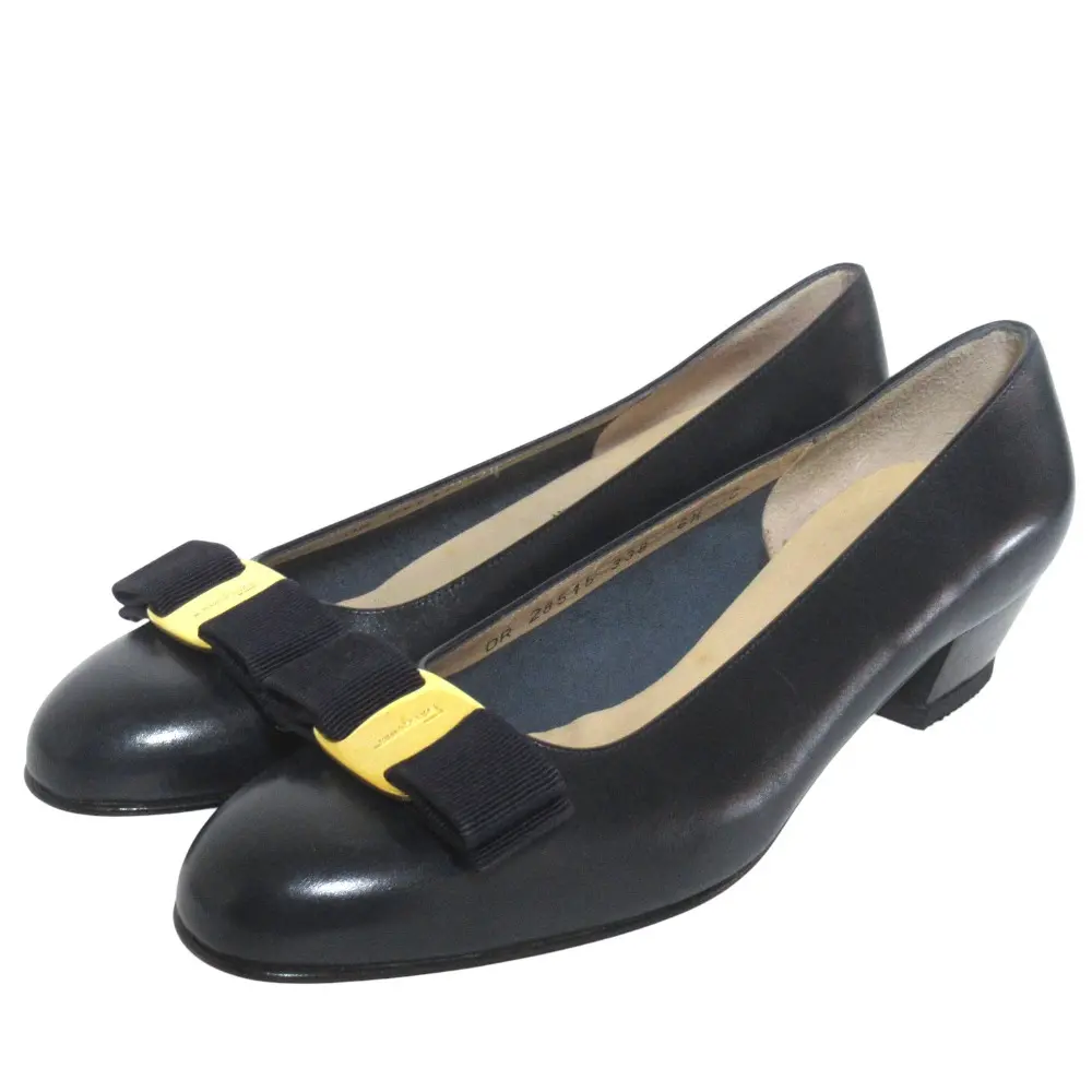 Salvatore Ferragamo サルヴァトーレフェラガモ カーフレザー ヴァラリボン パンプス 6.5C 24cm ネイビー×ゴールドカラー金具
