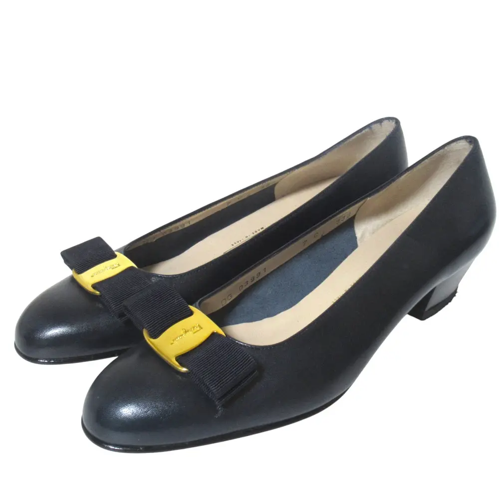 Salvatore Ferragamo サルヴァトーレフェラガモ カーフレザー ヴァラリボン パンプス サイズ7C 24.5cm ダークネイビー