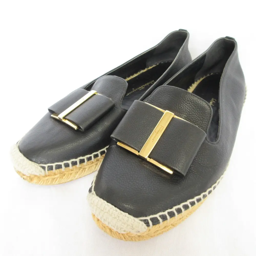 Salvatore Ferragamo サルヴァトーレフェラガモ リボン エスパドリーユ フラットパンプス サイズ8 25cm相当 ブラック