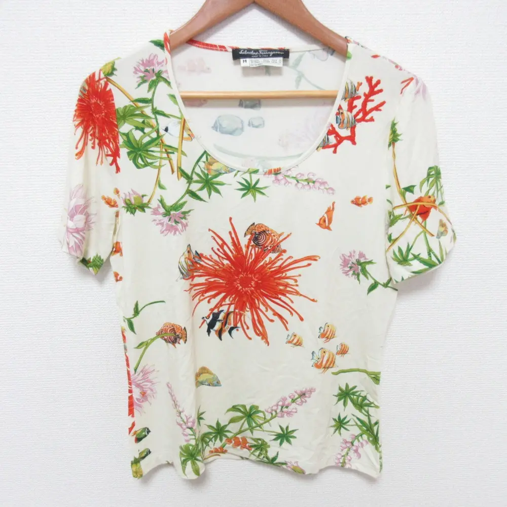 Salvatore Ferragamo サルヴァトーレフェラガモ フラワー 熱帯魚プリント ストレッチ 半袖 カットソー Tシャツ M ホワイト