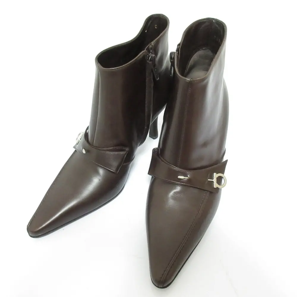 Salvatore Ferragamo サルヴァトーレフェラガモ ポインテッドトゥ サイドジップショートブーツ サイズ7 約24cm ブラウン
