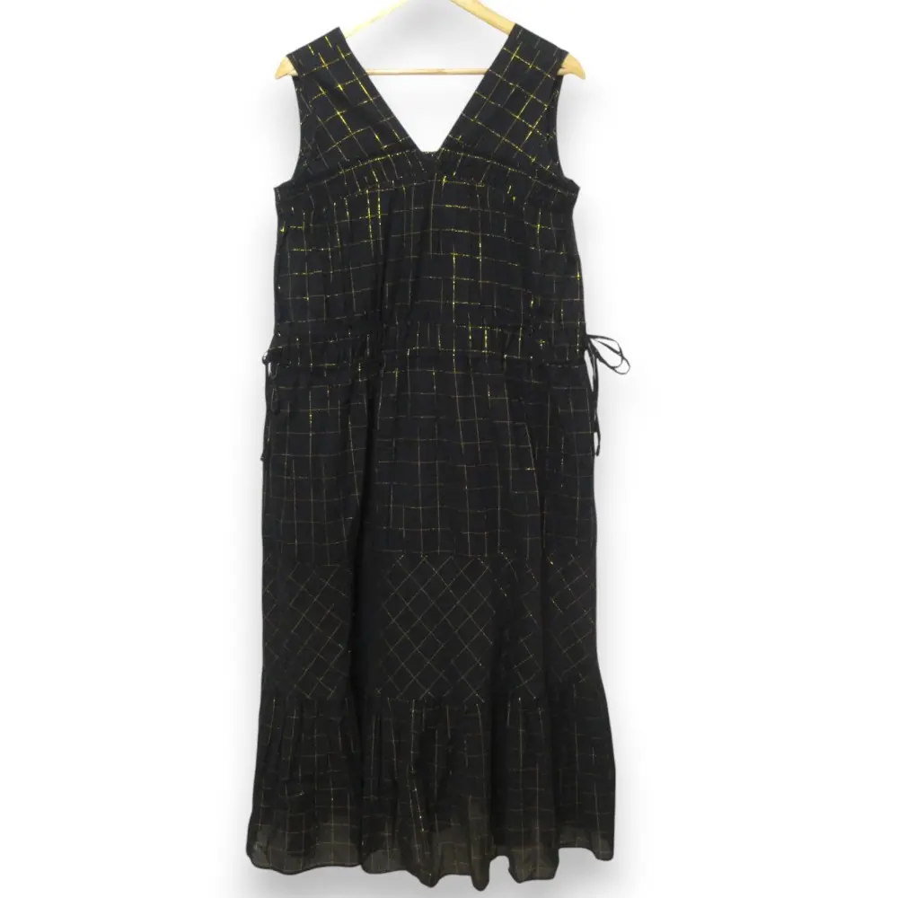 Sara mallika サラマリカ Cotton Lurex Check Dress チェック柄 ノースリーブ フレアワンピース L ブラック×ゴールドカラー