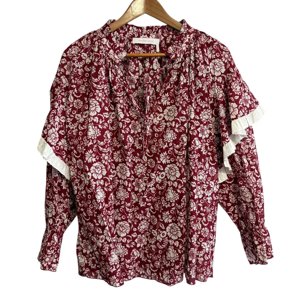 See by Chloe シーバイクロエ フラワープリント 花柄 ラッフルフリル 長袖 スキッパー プルオーバー ブラウス 36 レッド×ホワイト