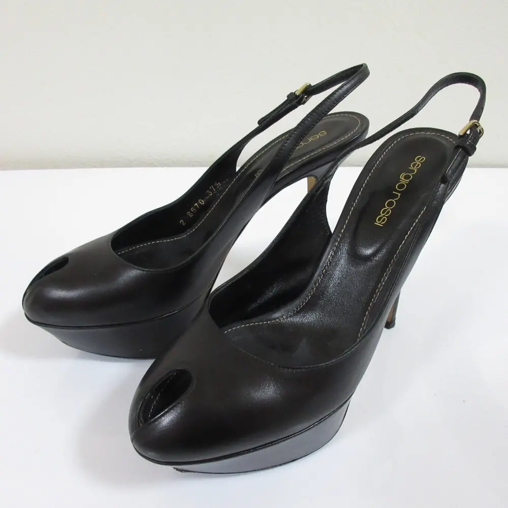 Sergio Rossi セルジオロッシ レザー スリングバック ハイヒール パンプス 37.5 24cm相当 ブラック