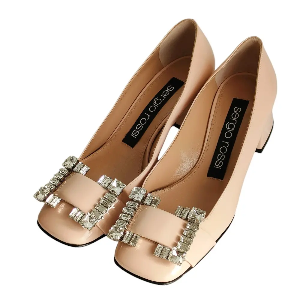Sergio Rossi セルジオロッシ SR PRINCE クリスタルバックル ビジュー パテントレザー スクエアトゥ パンプス 36 23cm相当 ベージュ