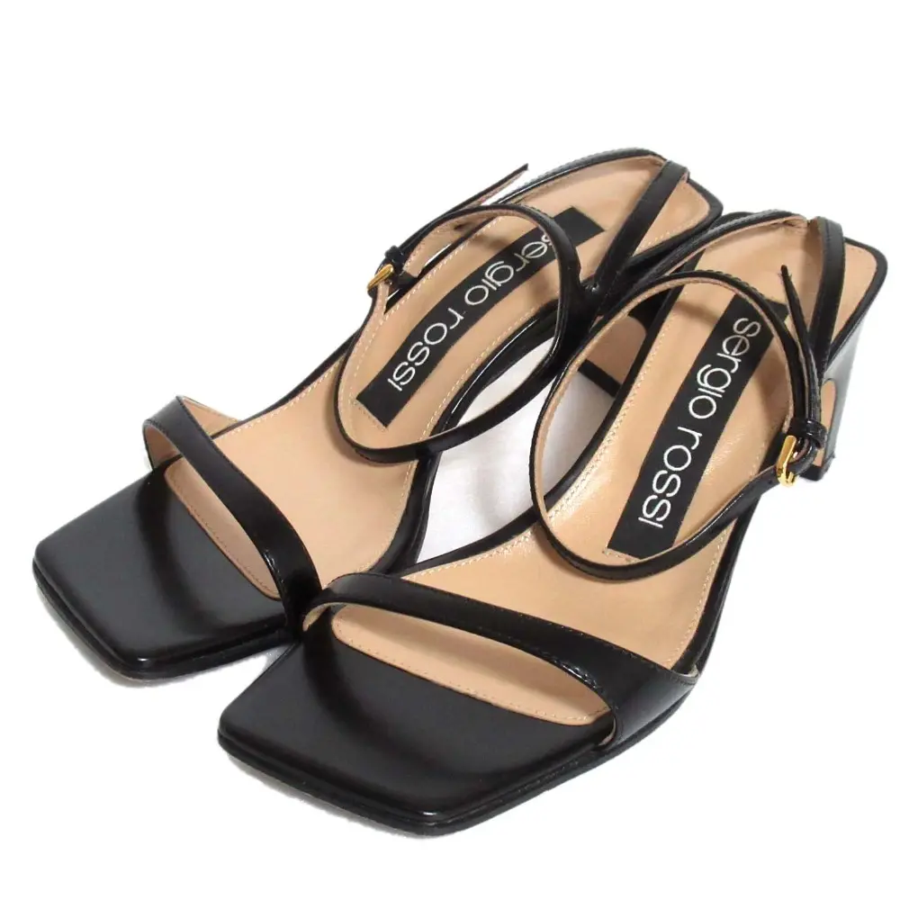 Sergio Rossi セルジオロッシ sr1 マットレザー スクエアトゥ アンクルストラップ サンダル 34.5サイズ 約21.5cm ブラック