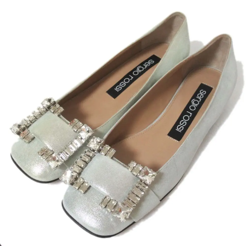 sergio rossi セルジオロッシ SR PRINCE ビジュー スクエアトゥ バレリーナフラット パンプス シューズ 37サイズ 24相当 シルバー系