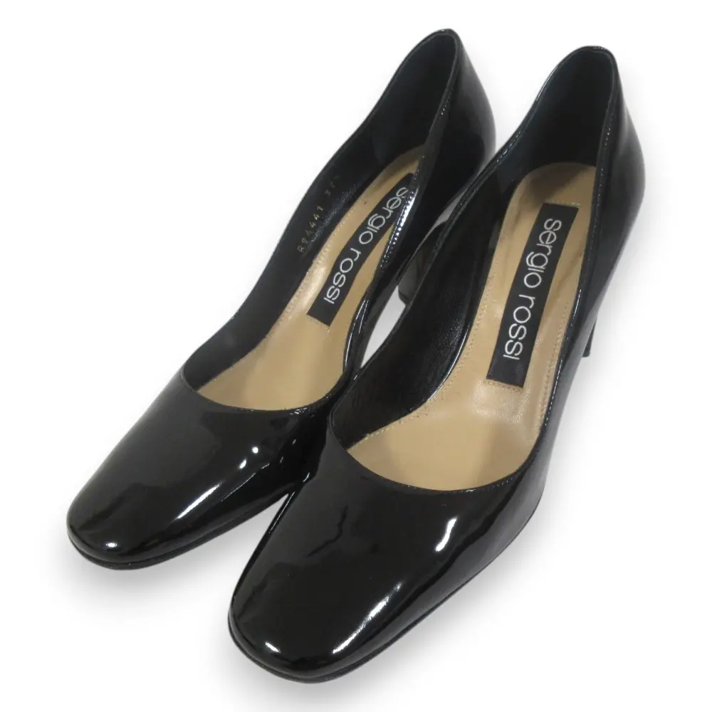 Sergio Rossi セルジオロッシ ANDREA パテントレザー スクエアトゥ チャンキーヒール パンプス 75mm 37.5 約24.5cm ブラック