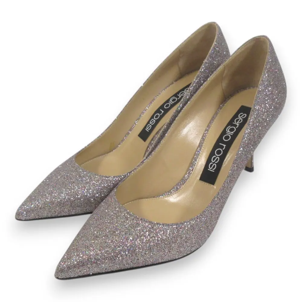Sergio Rossi セルジオロッシ グリッター ポインテッドトゥ ピンヒール パンプス 38 約24.5cm シルバー系