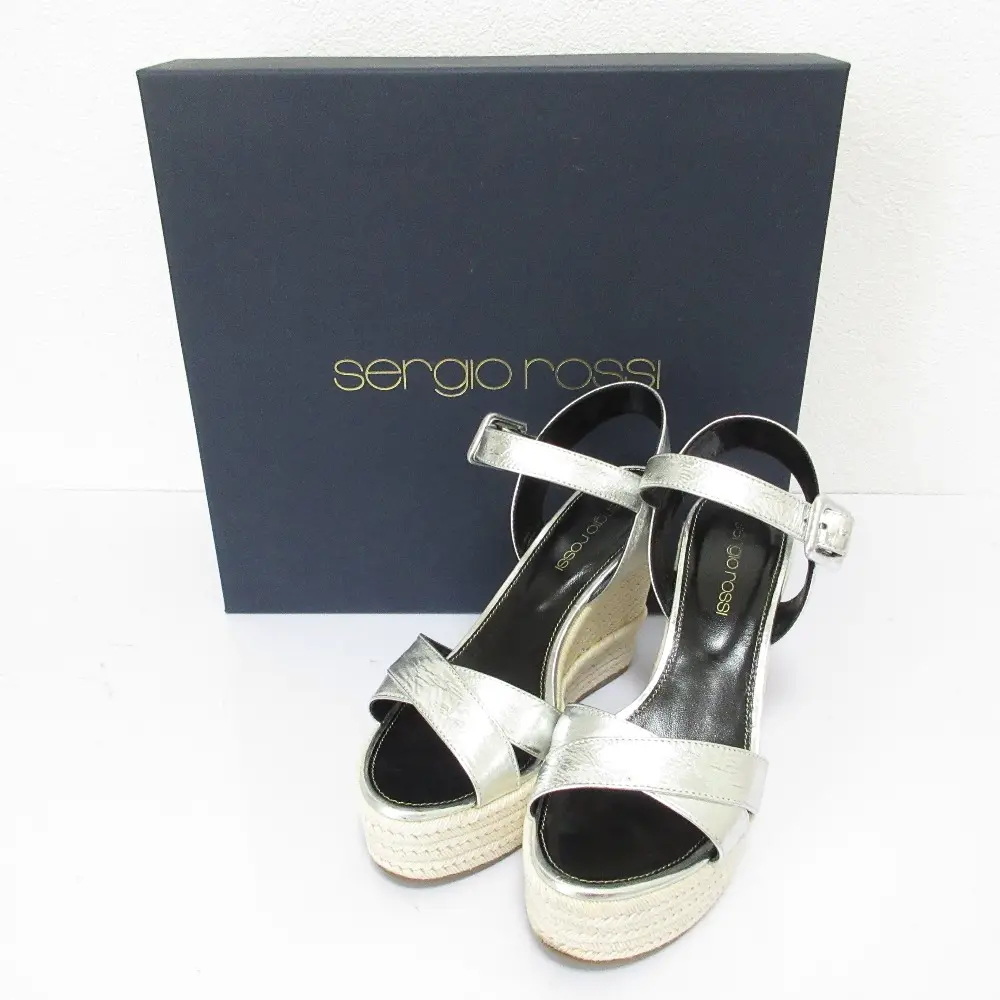 sergio rossi セルジオロッシ Scarpe Donna レザー ウェッジソール ストラップサンダル 34 21.5cm相当 シルバーカラー