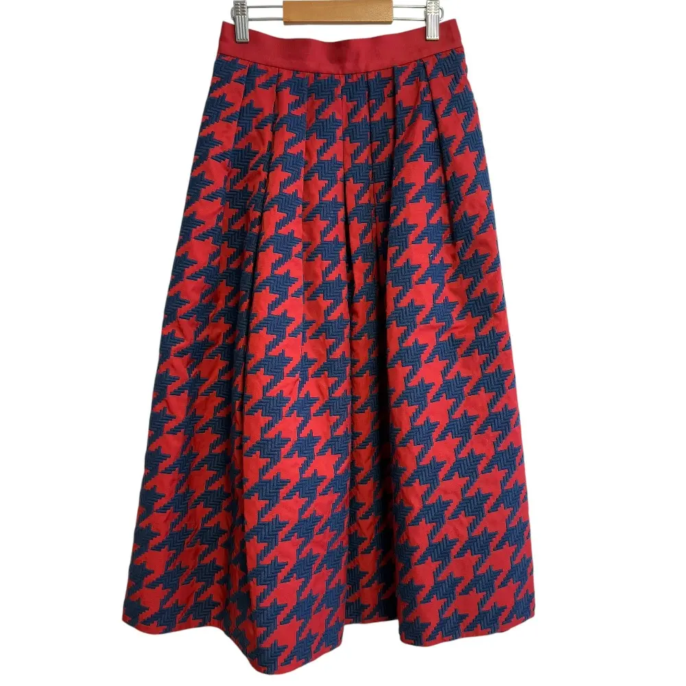 SHE Tokyo シートウキョウ ハウンドトゥース 千鳥格子柄 ミモレ丈 フレアスカート 34 レッド×ネイビー