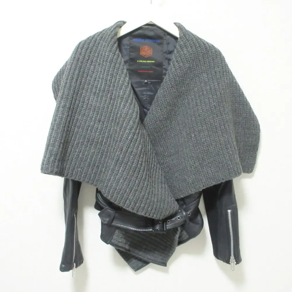 DOUBLE STANDARD CLOTHING ダブルスタンダードクロージング ゴートレザー×ニット ライダースジャケット 36 グレー×ブラック