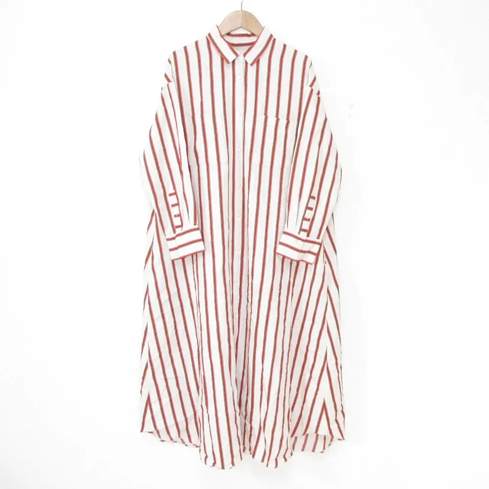 21SS Spick＆Span スピック＆スパン EMMETEX ストライプシャツワンピース Aライン ロングドレス レッド×ベージュ
