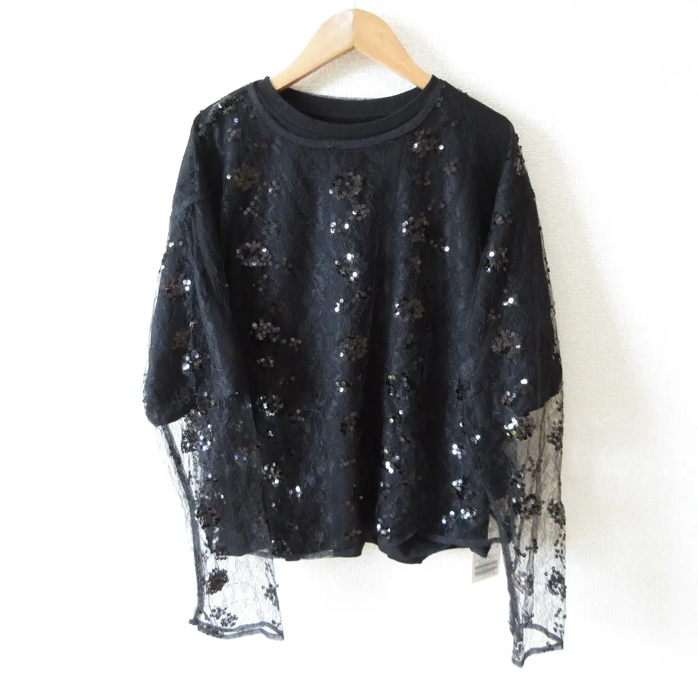 24AW Spick and Span スピックアンドスパン スパンコール チュールTシャツ コンビプルオーバー F ブラック