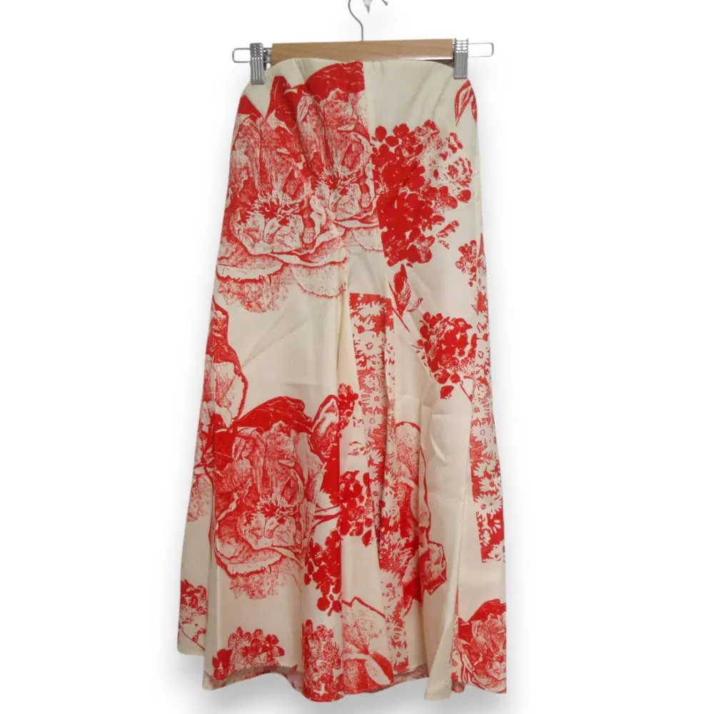 STELLA McCARTNEY ステラマッカートニー シルク100％ フラワープリント ベアトップ ミモレ丈ドレス ワンピース 38 ベージュ×レッド