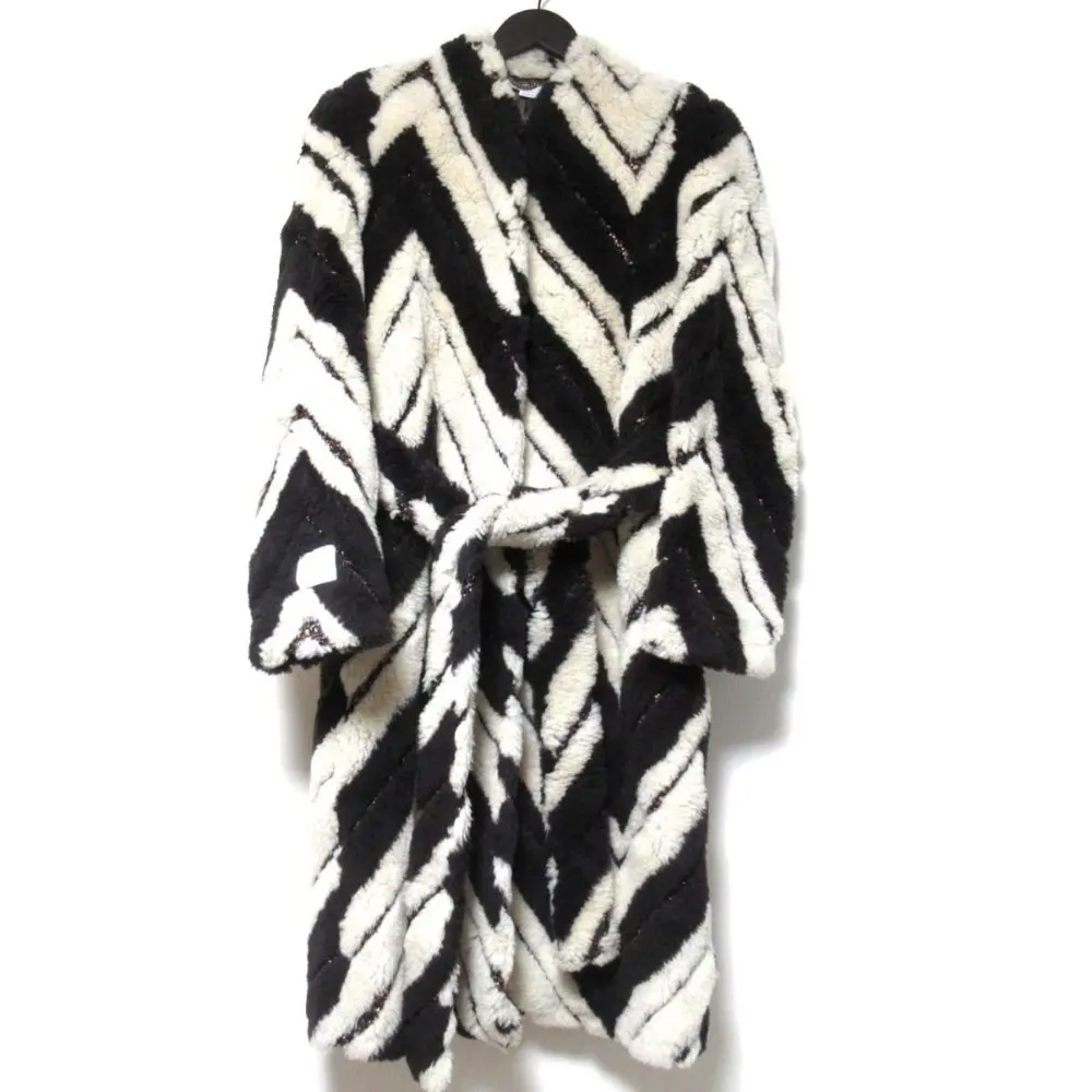 22AW ステラマッカートニー シェブロンストライプ FUR FREE FUR エコファー ベルテッド ガウンコート 36 オフホワイト ブラック