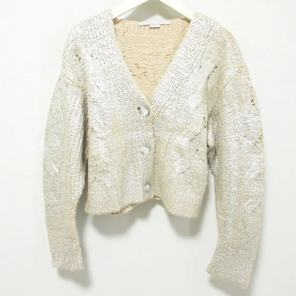 STELLA McCARTNEY ステラマッカートニー 2021年モデル コーティングニット ショートカーディガン 38 ピンクベージュ×シルバー