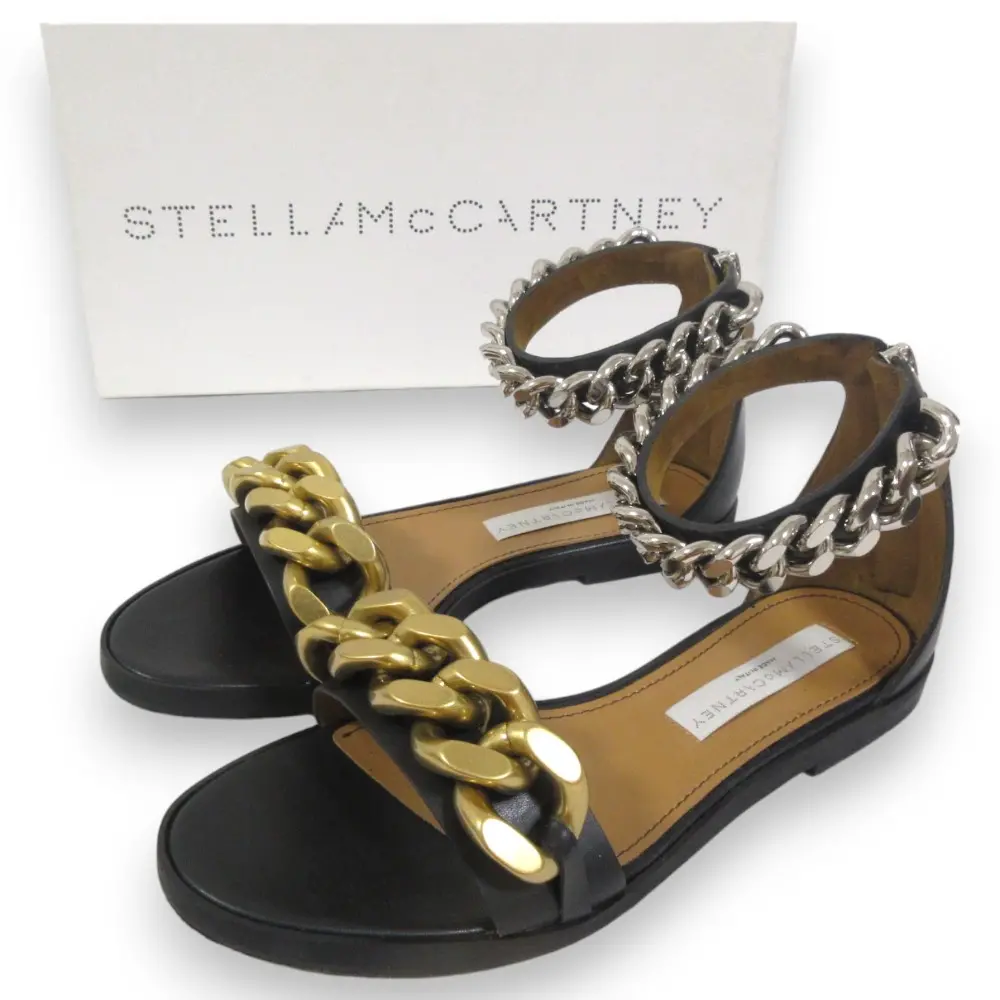 STELLA McCARTNEY ステラマッカートニー FALABELLA チェーン装飾 アンクルストラップ フラットサンダル 36 約23cm ブラック
