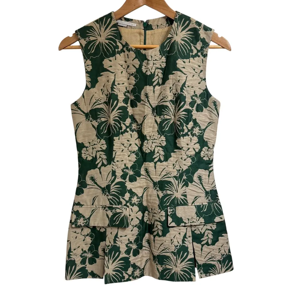 STELLA McCARTNEY ステラマッカートニー フラワージャガード シルクブレンド ノースリーブ ブラウス 38 グリーン×ベージュ