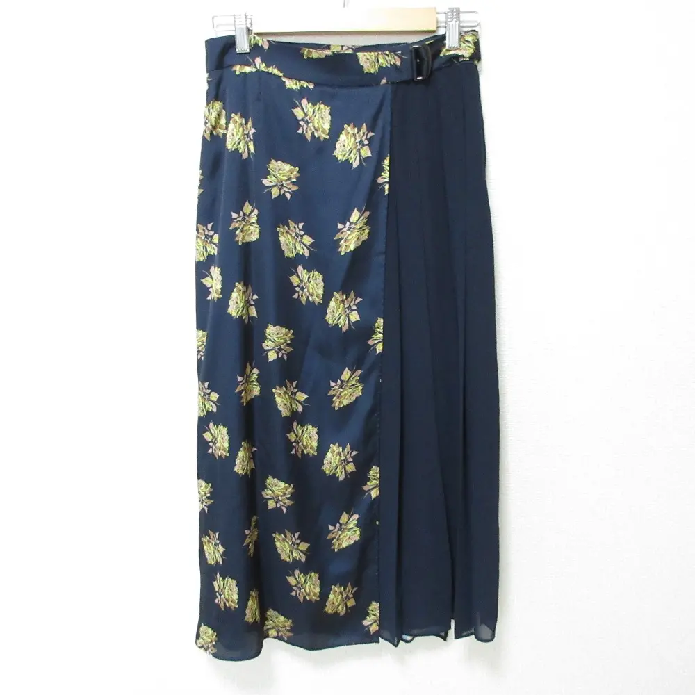 theory luxe セオリーリュクス SINGLE FLOWER PRINT JAINNE フラワープリント ロング丈 サイドプリーツスカート 40 ネイビー
