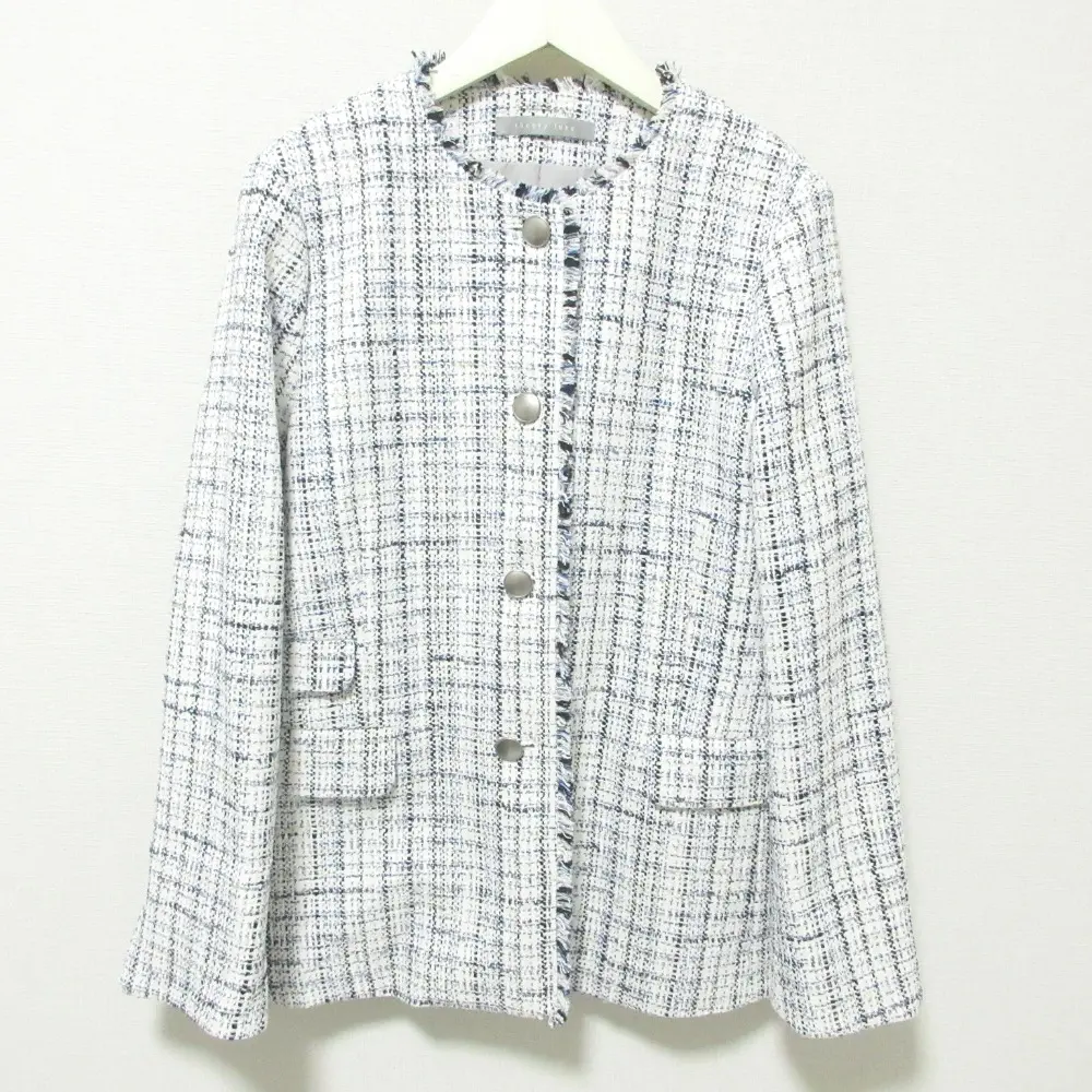 23SS Theory luxe セオリーリュクス Crevon Trudel チェック柄 ツイード ノーカラージャケット 40 ホワイト系