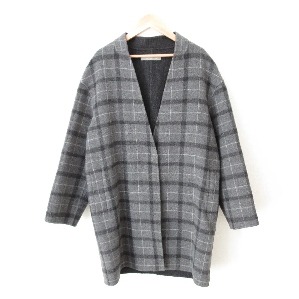 theory luxe セオリーリュクス チェック柄 ウール ノーカラー ミドル丈 リバーコート 38 グレー