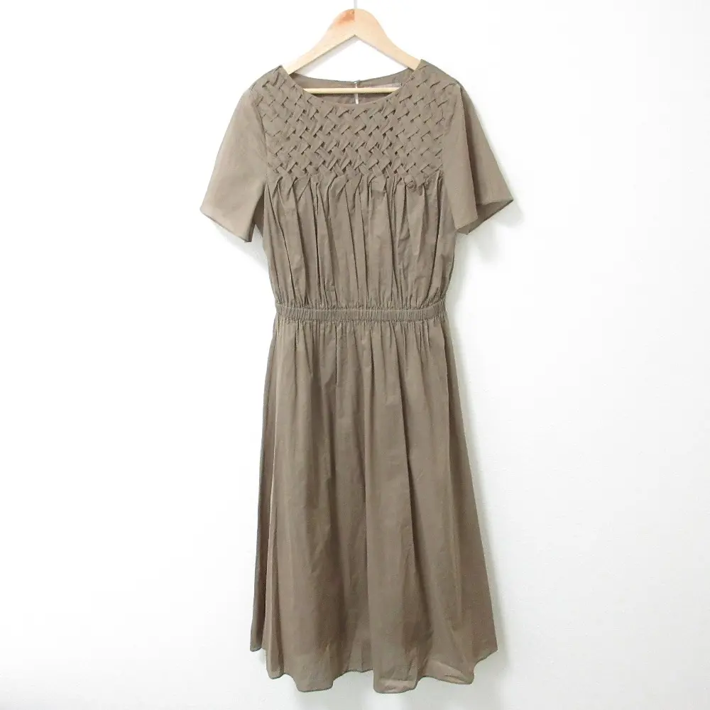Theory luxe セオリーリュクス CATHARINA SMOCKING COTTON ギャザー イージーウエスト 半袖 フレア ロングワンピース 40 カーキ