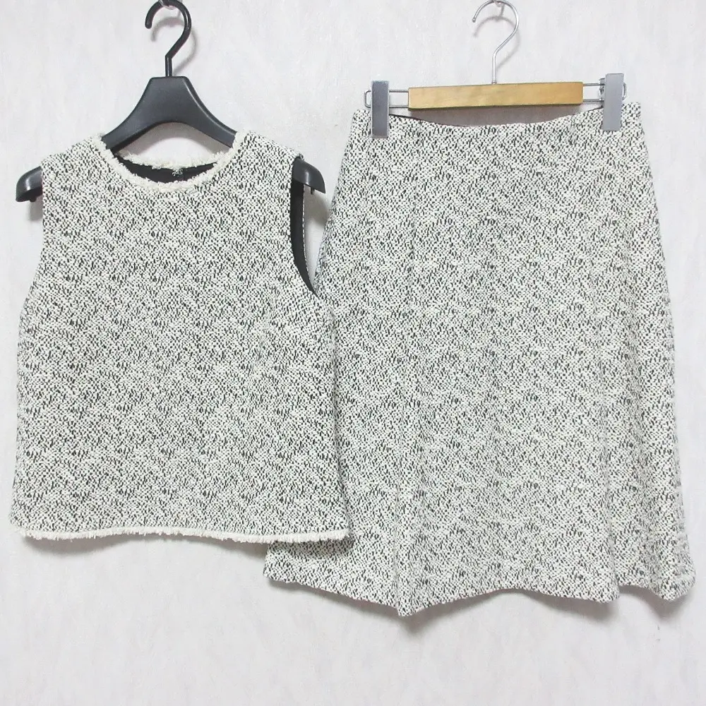 Theory セオリー BAMBOO TWEED ツイード ノースリーブトップス＋ひざ丈スカート セットアップ 小さいサイズ P/0 ホワイト×ブラック
