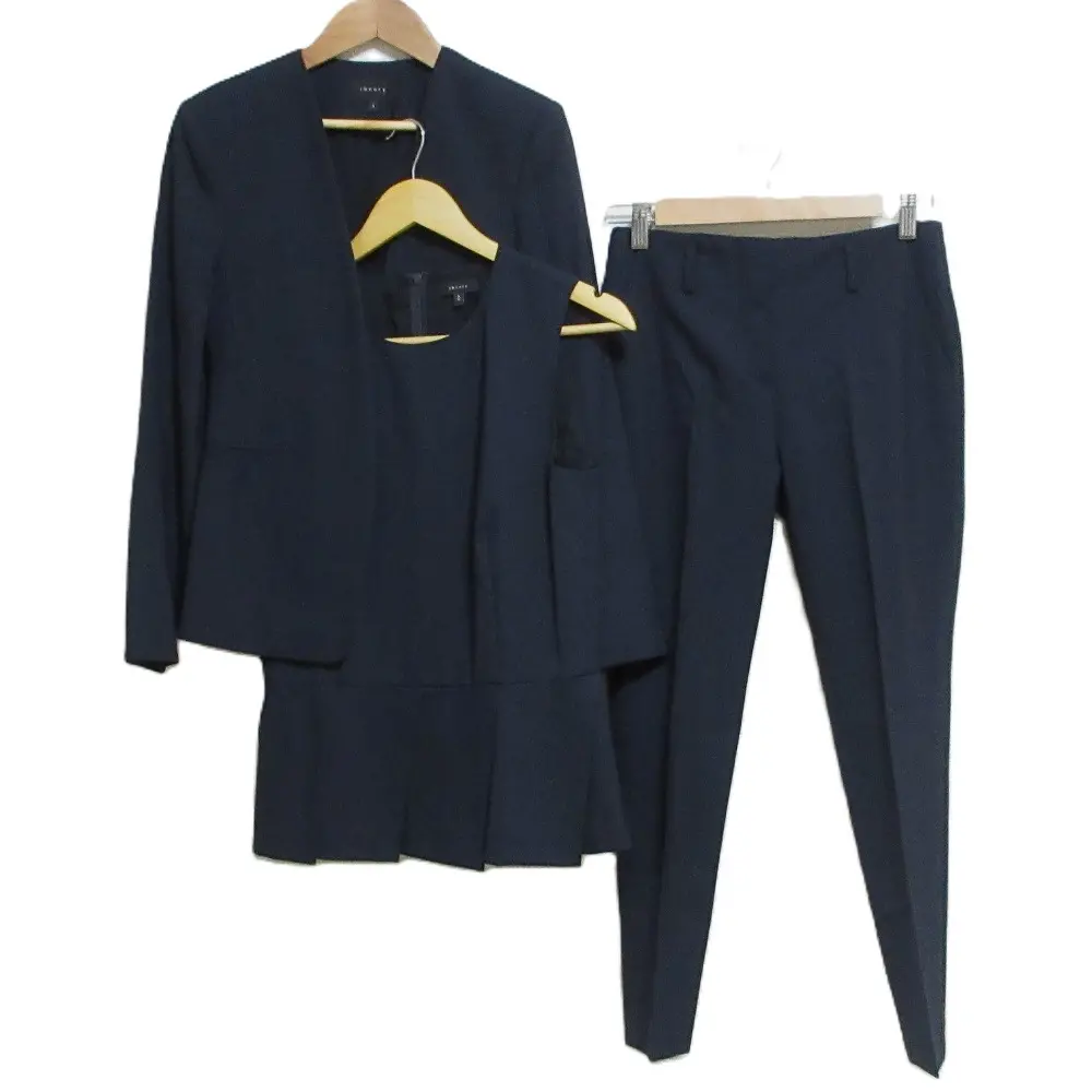 クリーニング済 Theory セオリー ジャケット×ぺブラムブラウス×スラックス パンツスーツ 3点セット セットアップ ダークネイビー