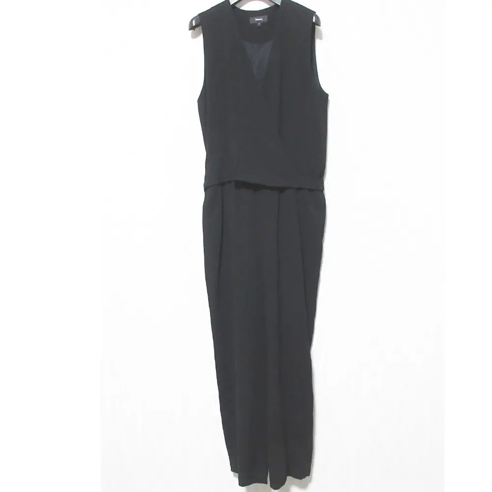 Theory セオリー クレープ ウエストリボン ノースリーブ オールインワン サロペット パンツ ジャンプスーツ 2 ブラック