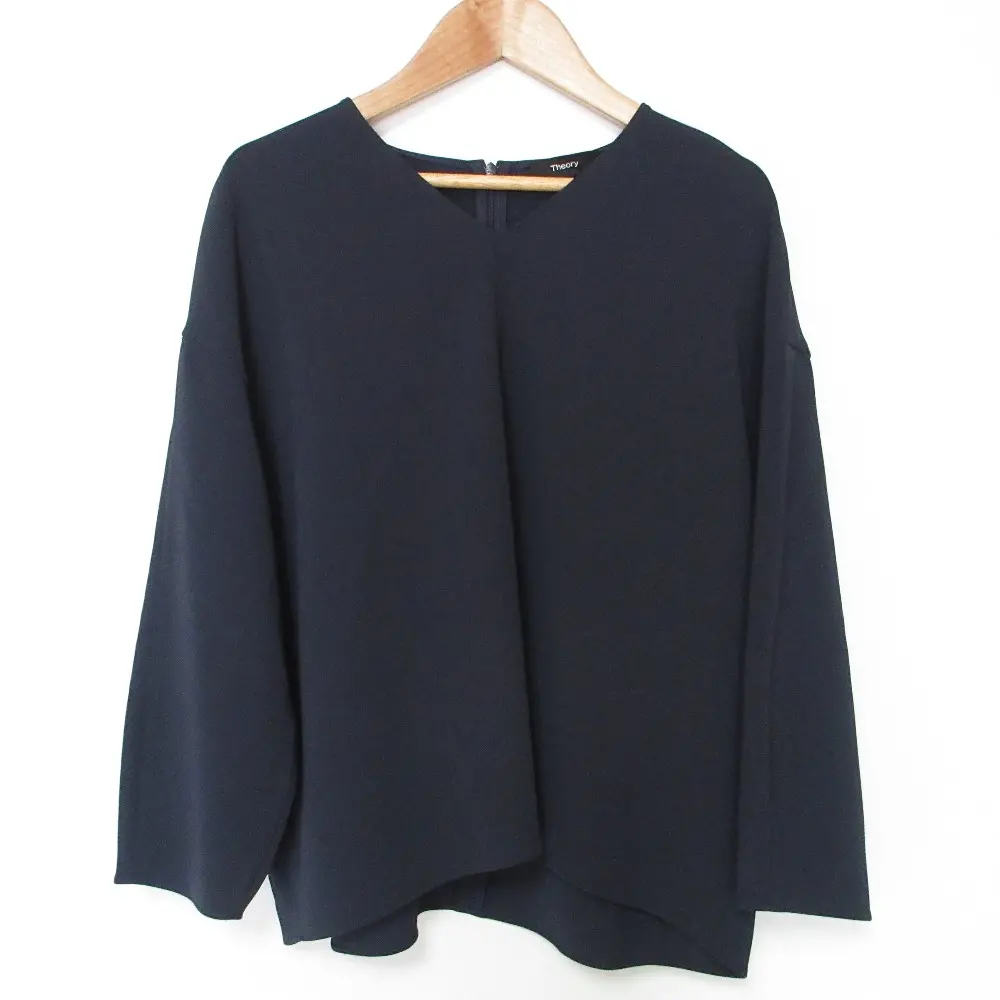 24SS Theory セオリー ADMIRAL CREPE ROUND VNK TOP Vネック 長袖 プルオーバー ブラウス 01-4108200 S ネイビー