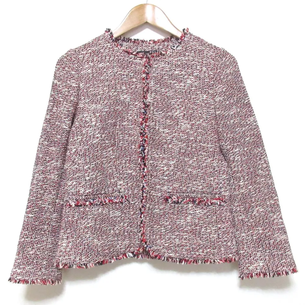 theory セオリー CARMEL FEMININE SLIM JKT ツイード フリンジ ノーカラースリムジャケット 0 レッド