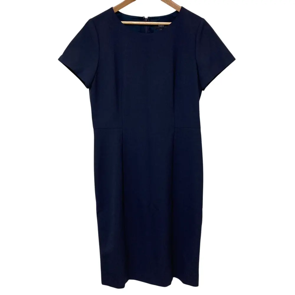 Theory セオリー TAILOR テイラー ストレッチ 半袖 ひざ丈 Iライン ワンピース サイズ6 ネイビー