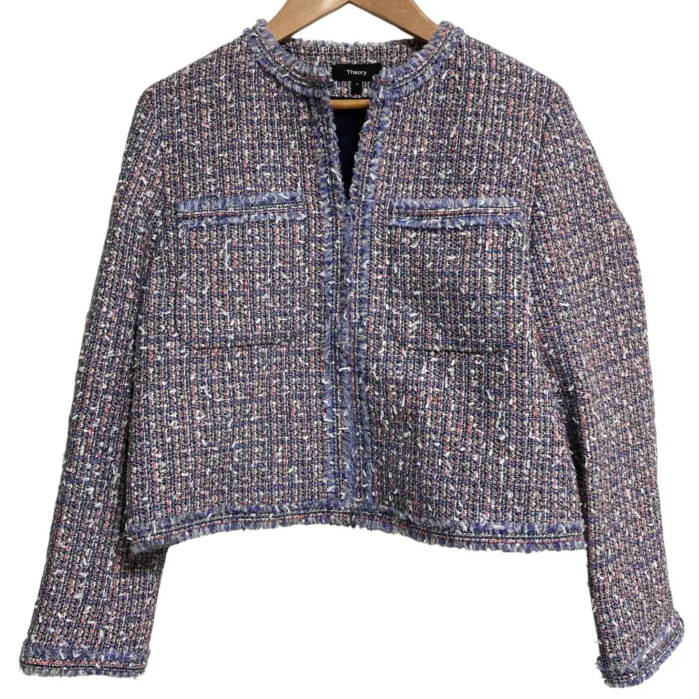 22SS Theory セオリー LIBERTY TWEED CROPPED JKT ノーカラー ツイードジャケット サイズ0 ブルー系