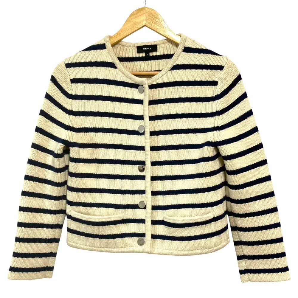 24SS Theory セオリー WAVERY COTTON ストライプ ノーカラージャケット サイズS アイボリー ネイビー