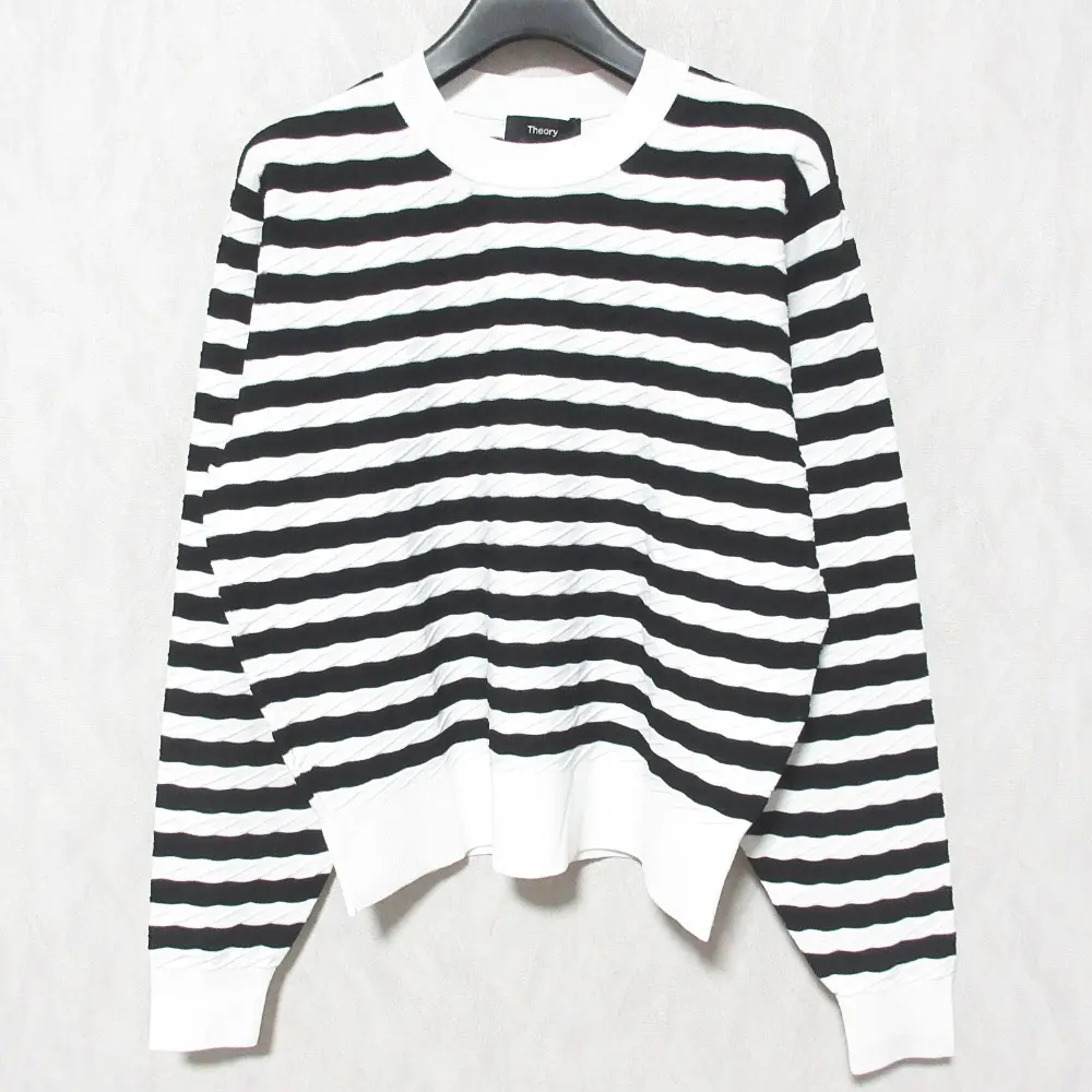 23SS Theory セオリー COMPACT CREPE PANEL TWISTED ST PO ボーダー ツイストニット カットソー S ブラック ホワイト