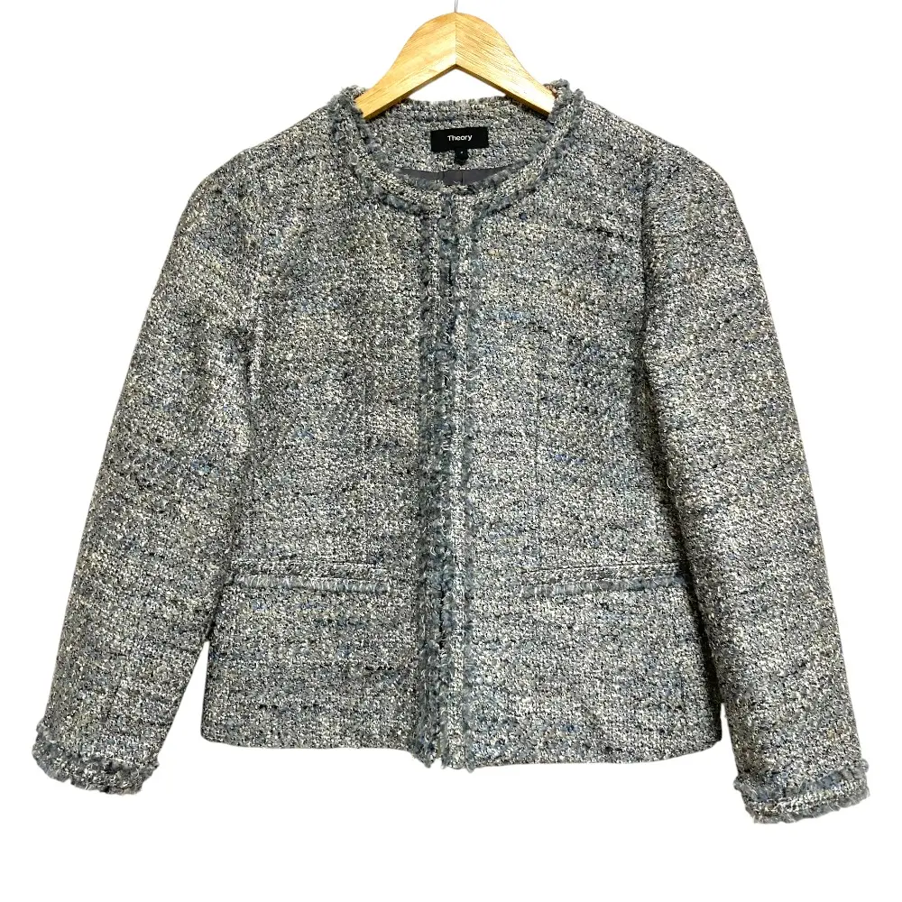 Theory セオリー WILSHIRE TWEED FRINGE SLIM ノーカラージャケット サイズ2 ブルー