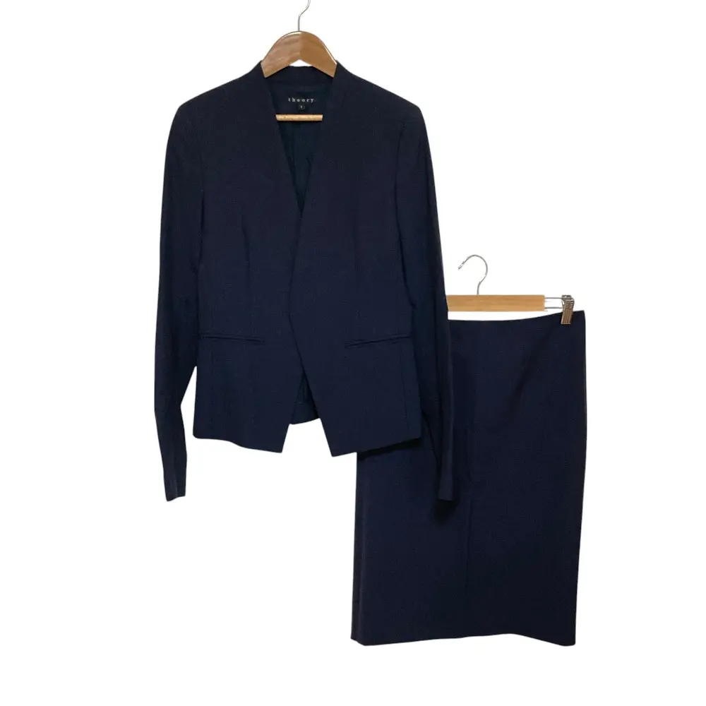 Theory セオリー TAILOR ストレッチ ノーカラージャケット ひざ丈 スカート スーツ セットアップ サイズ2 ネイビー