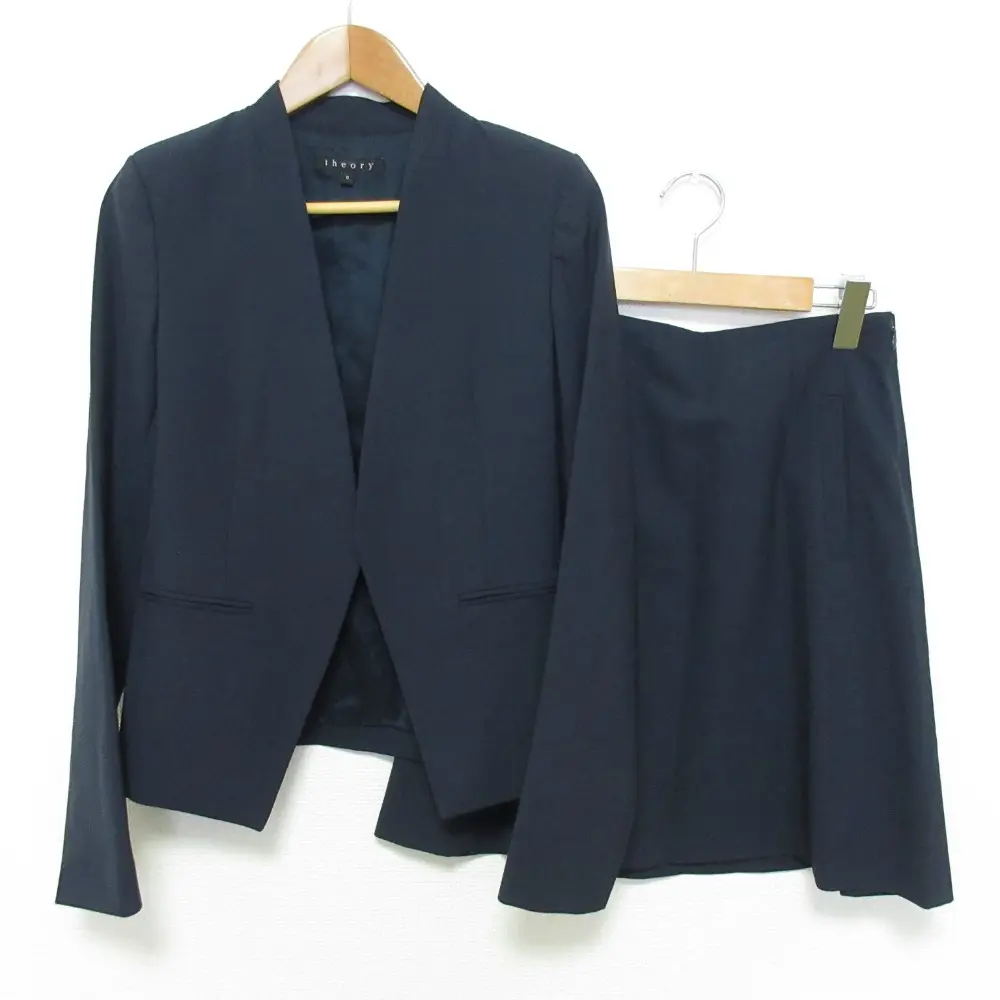 Theory セオリー TAILOR 定番モデル ストレッチ ノーカラージャケット スカート スーツ セットアップ サイズ0 ネイビー