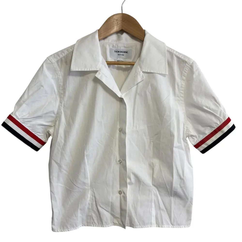 23AW THOM BROENE トムブラウン トリコロール 半袖 クロップド ブラウス オープンカラーシャツ 38 ホワイト
