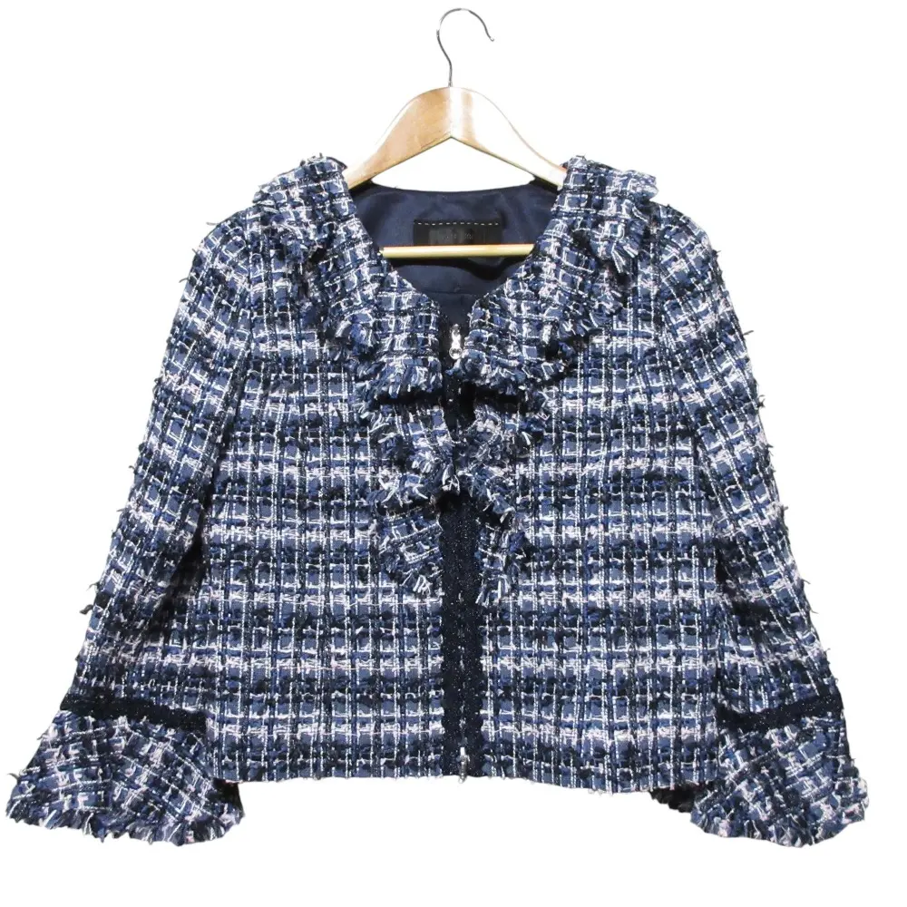 TO BE CHIC トゥービーシック カラーファンシー ジップアップ ７分袖 ツイード ジャケット 40 ネイビー ピンク