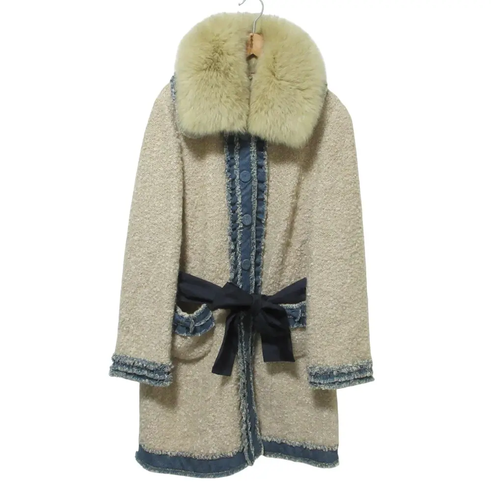 TO BE CHIC トゥービーシック ブルーフォックスファー付き モヘア デニムトリム プードルニットコート 46/V ベージュ