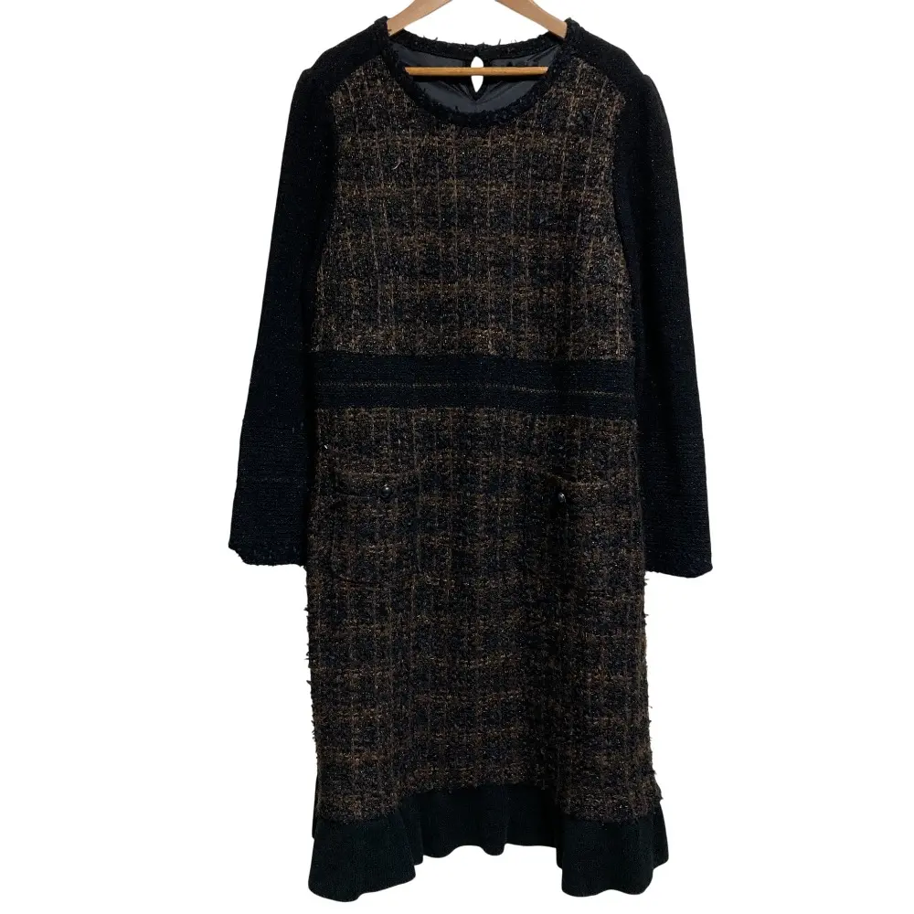 TO BE CHIC トゥービーシック 長袖 ひざ丈 ツイード ニットワンピース 大きいサイズ 46 ブラウン ブラック